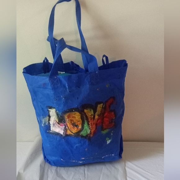 Crude Folk Art "LOVE" Nylon Reusable Tote Hand Painted Tote - Picture 2 of 6